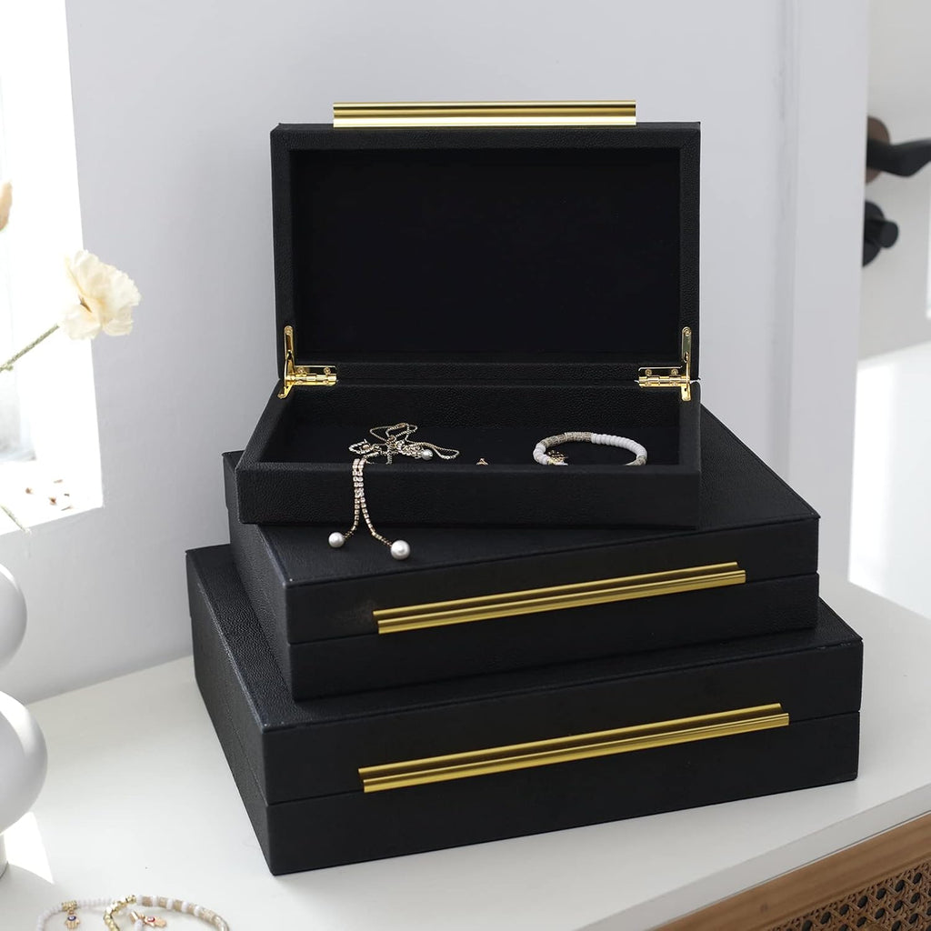 Faux Shagreen Leather Jewelry Storage Boxes Set of 3 with Gold Handles, Velvet Lined Stackable Organizer for Women, Vanity, Dresser, Gift, Black