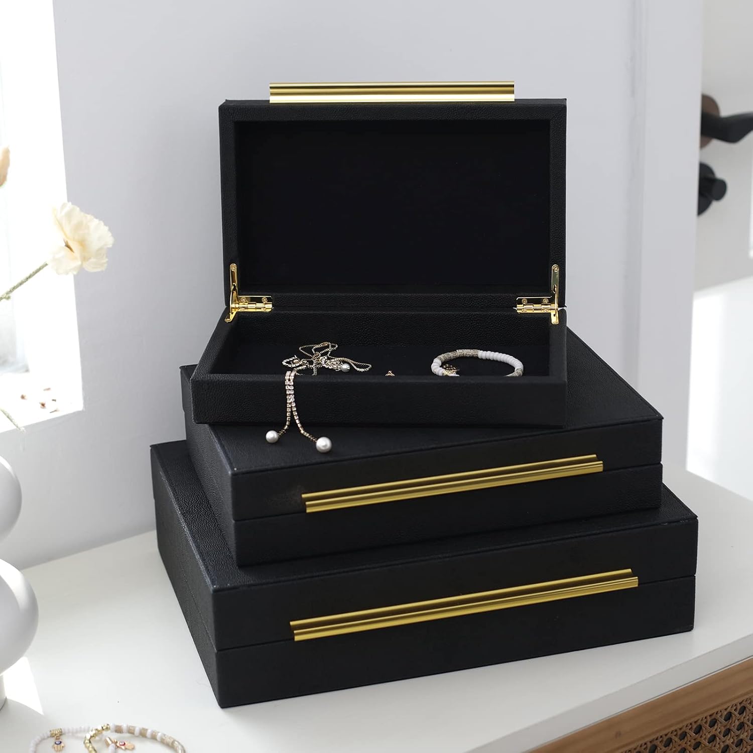 Faux Shagreen Leather Jewelry Storage Boxes Set of 3 with Gold Handles, Velvet Lined Stackable Organizer for Women, Vanity, Dresser, Gift, Black
