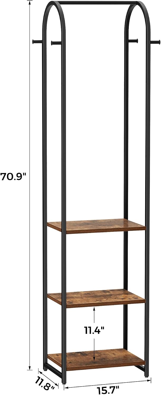 Garment Rack, Coat Rack with 3 Shelves and 4 Hooks, 71" H Clothes Stand for Hanging Clothes, Hanging Rod for for Bedroom, Hallway, Entryway, Office, Living Room, Rustic Brown and Black
