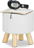 Relaxdays Faux Leather Padded Stool with 4 Wooden Legs Flat Footstool Round Decorative Stool H x D 30 x 30 cm White