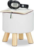 Relaxdays Faux Leather Padded Stool with 4 Wooden Legs Flat Footstool Round Decorative Stool H x D 30 x 30 cm White