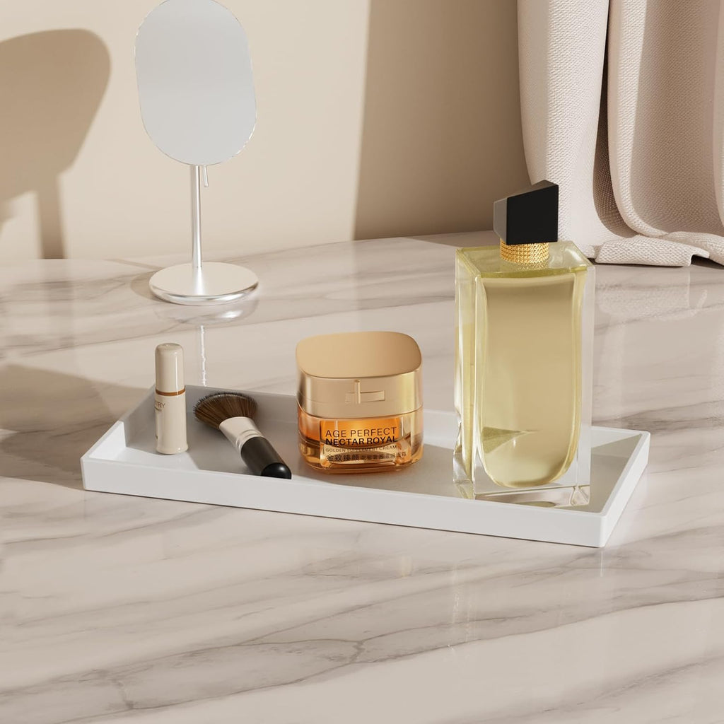 Vanity and Bathroom Tray, 11.8" ABS Countertop Organizer,Waterproof Vanity Tray for Toilet Tank,Perfume,Soap,Keys,Bathroom Accessories,Kitchen and Bath Trays,Non Slip Small Trays,White