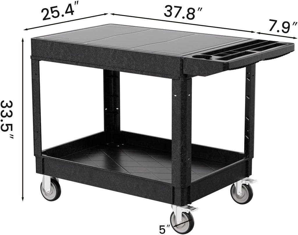 2 Tier Plastic Rolling Utility Cart on Wheels, Heavy Duty Tool Cart with Deep Shelves and 360° Swivel Wheels Holds up to 550 lbs, Service Cart for Garage, Warehouse, Cleaning (Black-L-Flat Top)