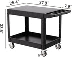 2 Tier Plastic Rolling Utility Cart on Wheels, Heavy Duty Tool Cart with Deep Shelves and 360° Swivel Wheels Holds up to 550 lbs, Service Cart for Garage, Warehouse, Cleaning (Black-L-Flat Top)
