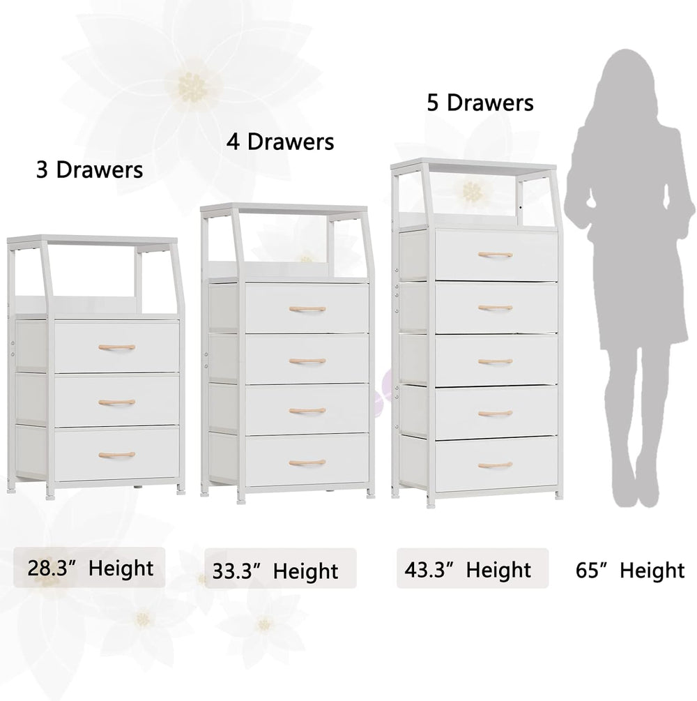 Furnulem White Tall Dresser for Bedroom, 5 Fabric Bins Tall Nightstand | Dorm...