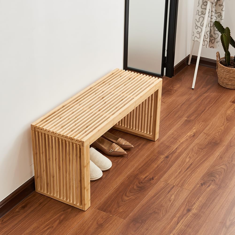 Versatile Wooden Slatted Bench - Sleek Modern Design for Dining, Entryway, Bedroom - Indoor Use with Storage Capability for Home, Kitchen, Bathroom & Beyond (Natural)