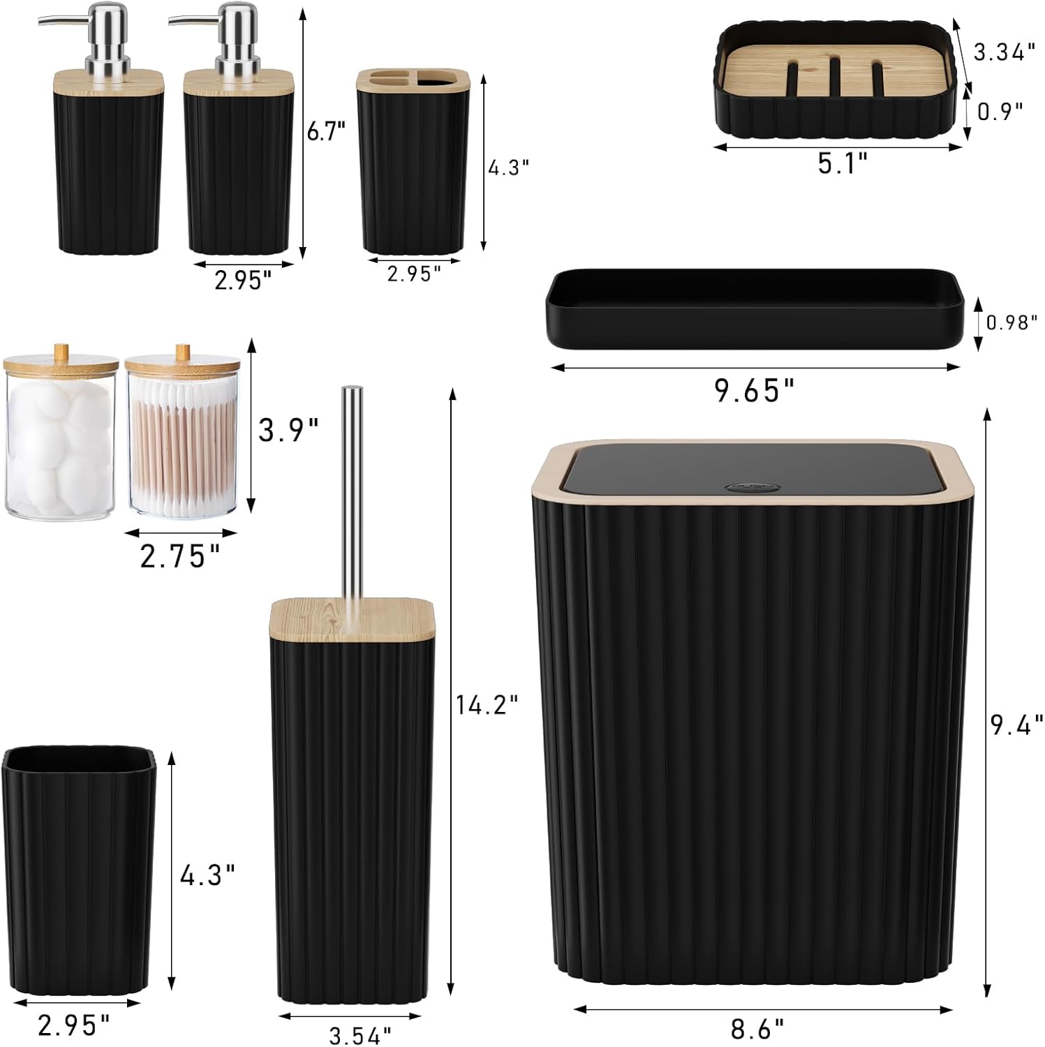 Bathroom Accessories Set - Elegant Black Bathroom Set, 10PC Bathroom Accessory Set, Toilet Brush, Trash Can, Qtip Holder Dispenser & Soap Dispenser