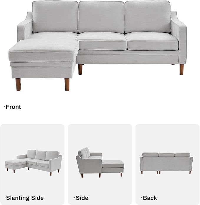 Kingfun 88" L-Shape Sofa, Chenille Sectional Couch, Mid Century Modern Couches with Solid Wood Frame for Living Room & Bedroom, Silver Gray