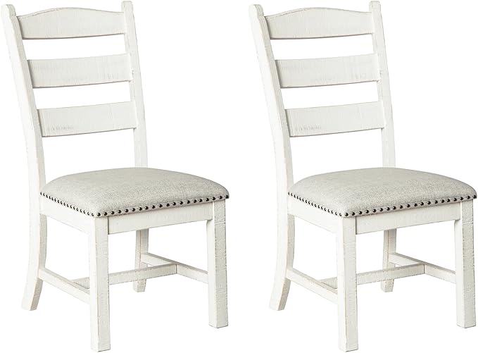 Signature Design by Ashley Valebeck Farmhouse Cushioned Dining Chair, 2 Count, Nailhead Trim, Fabric Upholstery, Solid Wood, 39" Seat Height, Whitewash