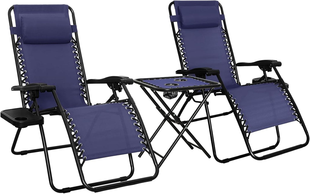 Amazon Basics Outdoor Adjustable Zero Gravity Folding Reclining Lounge Chair with Cup Holder, Headrest Pillow, Detachable Side Table, Weather Resistant, Set of 2, Blue