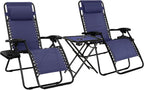 Amazon Basics Outdoor Adjustable Zero Gravity Folding Reclining Lounge Chair with Cup Holder, Headrest Pillow, Detachable Side Table, Weather Resistant, Set of 2, Blue