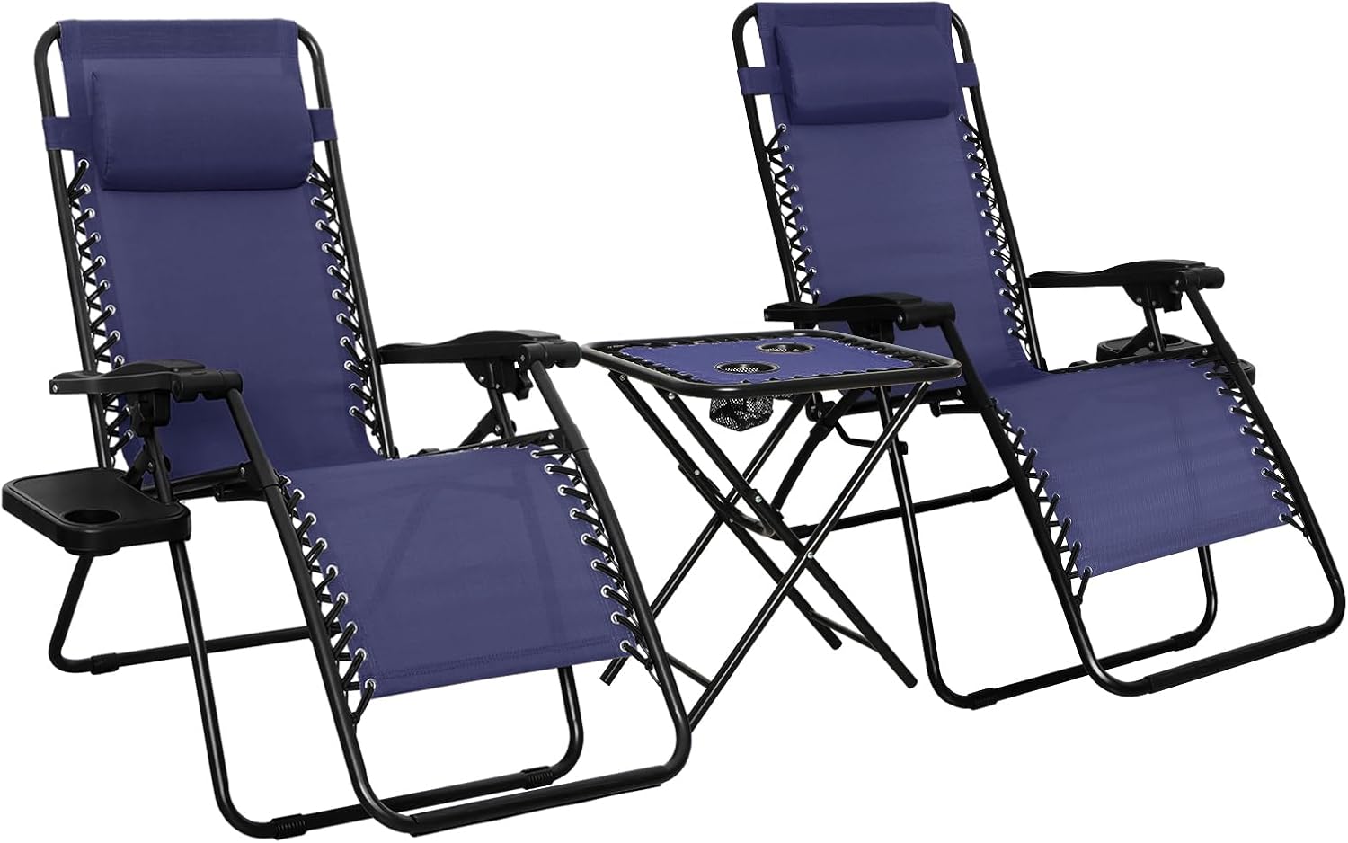 Amazon Basics Outdoor Adjustable Zero Gravity Folding Reclining Lounge Chair with Cup Holder, Headrest Pillow, Detachable Side Table, Weather Resistant, Set of 2, Blue