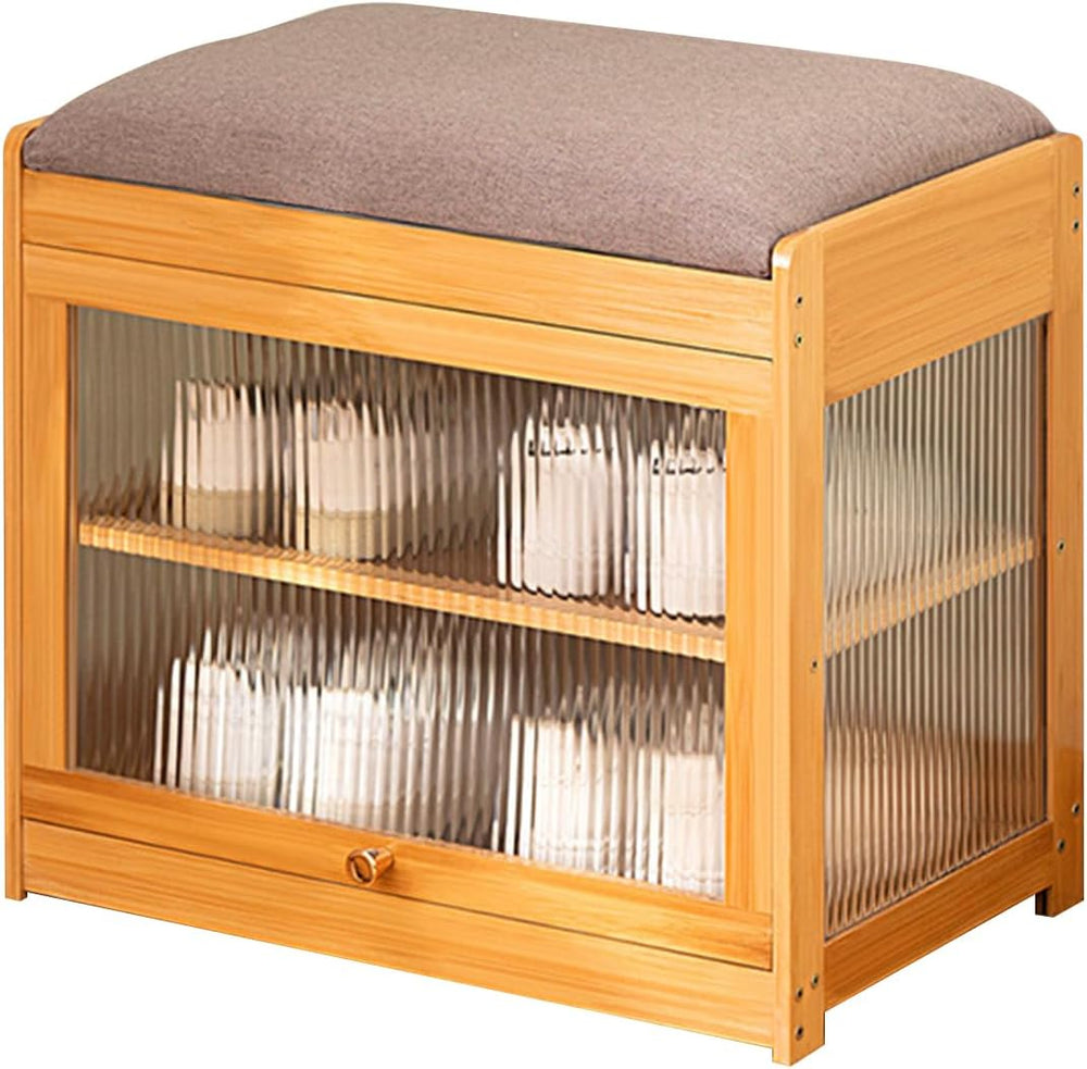 Shoe Storage Bench- Bamboo Entryway Bench with Seat Cushion, 2-Tier Shoe Rack...
