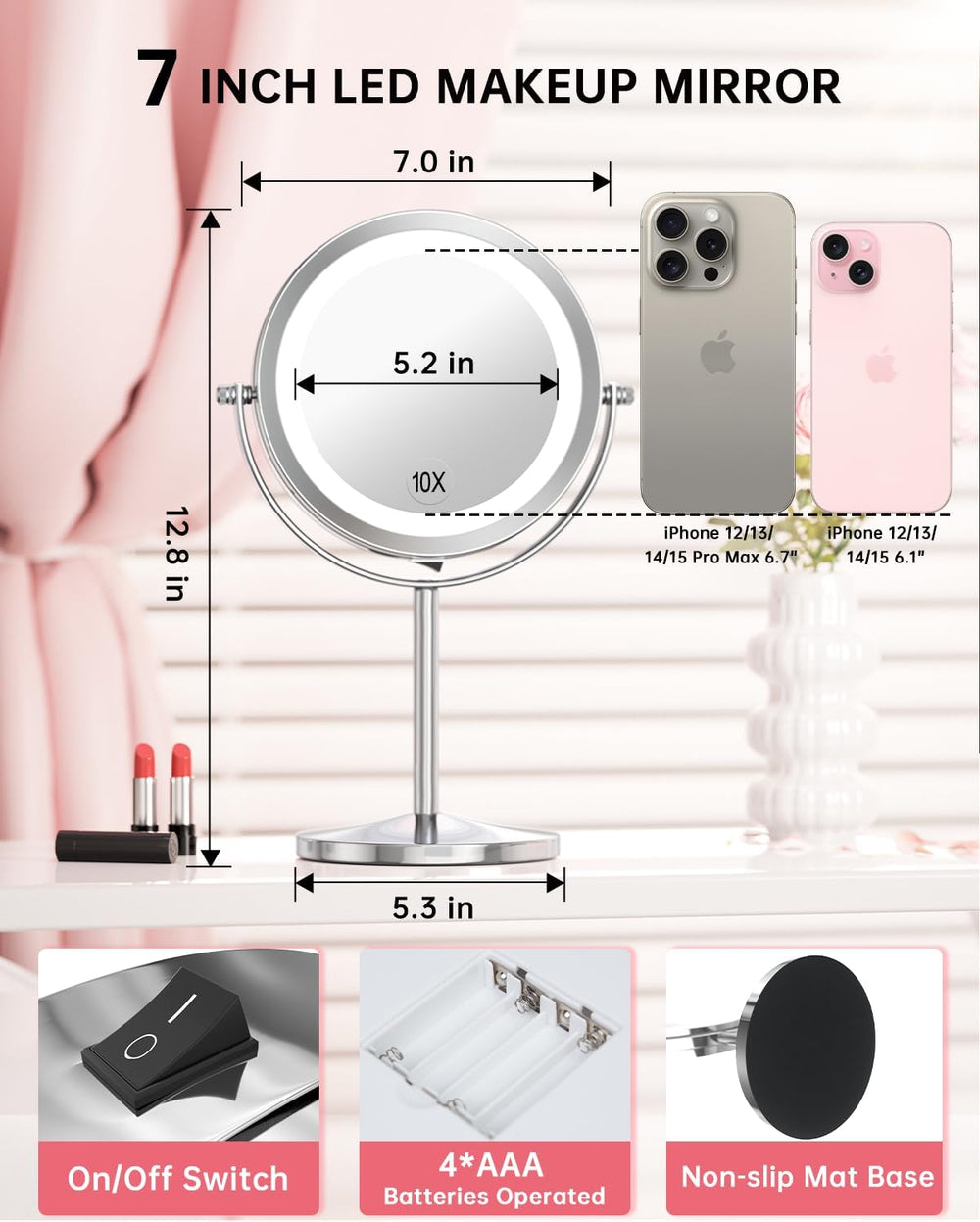 Gospire 7" Lighted 10X/1X Magnifying Makeup Mirror, Cordless Portable