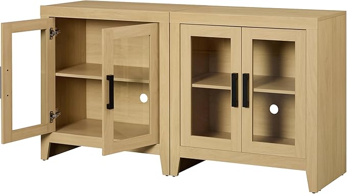 WAMPAT Farmhouse TV Stand for TVs up to 65”, Rustic Wood Entertainment Center with Adjustable Shelf, Glass Doors & Storage, Media Console Cabinet for Living-Room, Bedroom, Oak