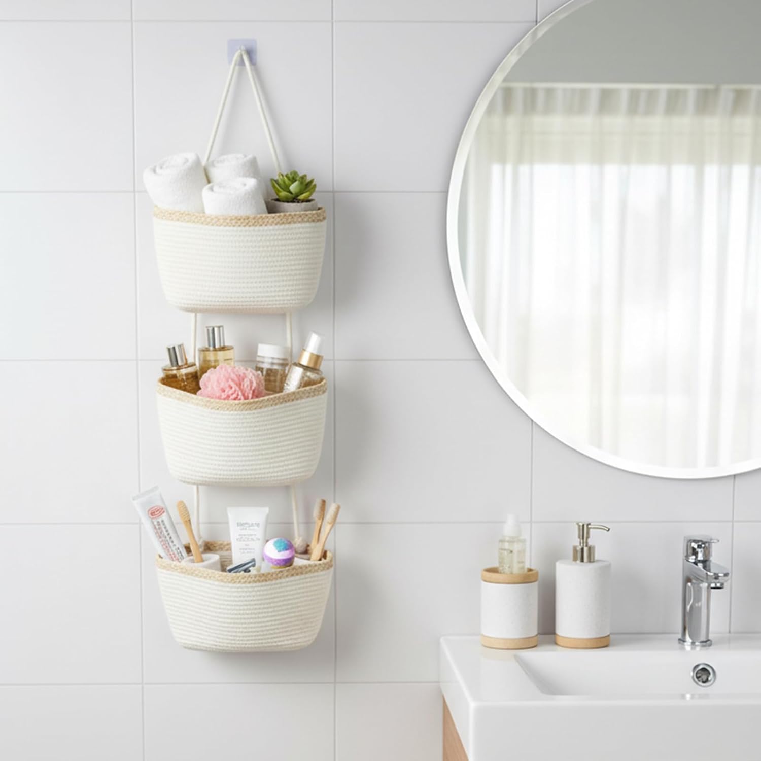 TeoKJ Over the Door Hanging Basket, 3-Tier Woven Cotton Wall-Mounted Storage Organizer Bag Decorative Hanging Nursery Baskets, White & Light Brown