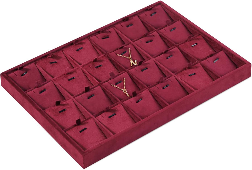 Velvet Necklace Display Tray, Stackable 24 Grid Insert Pendant Necklaces Storage Holder Plate, Jewelry Retail Countertop Organizer (Red)