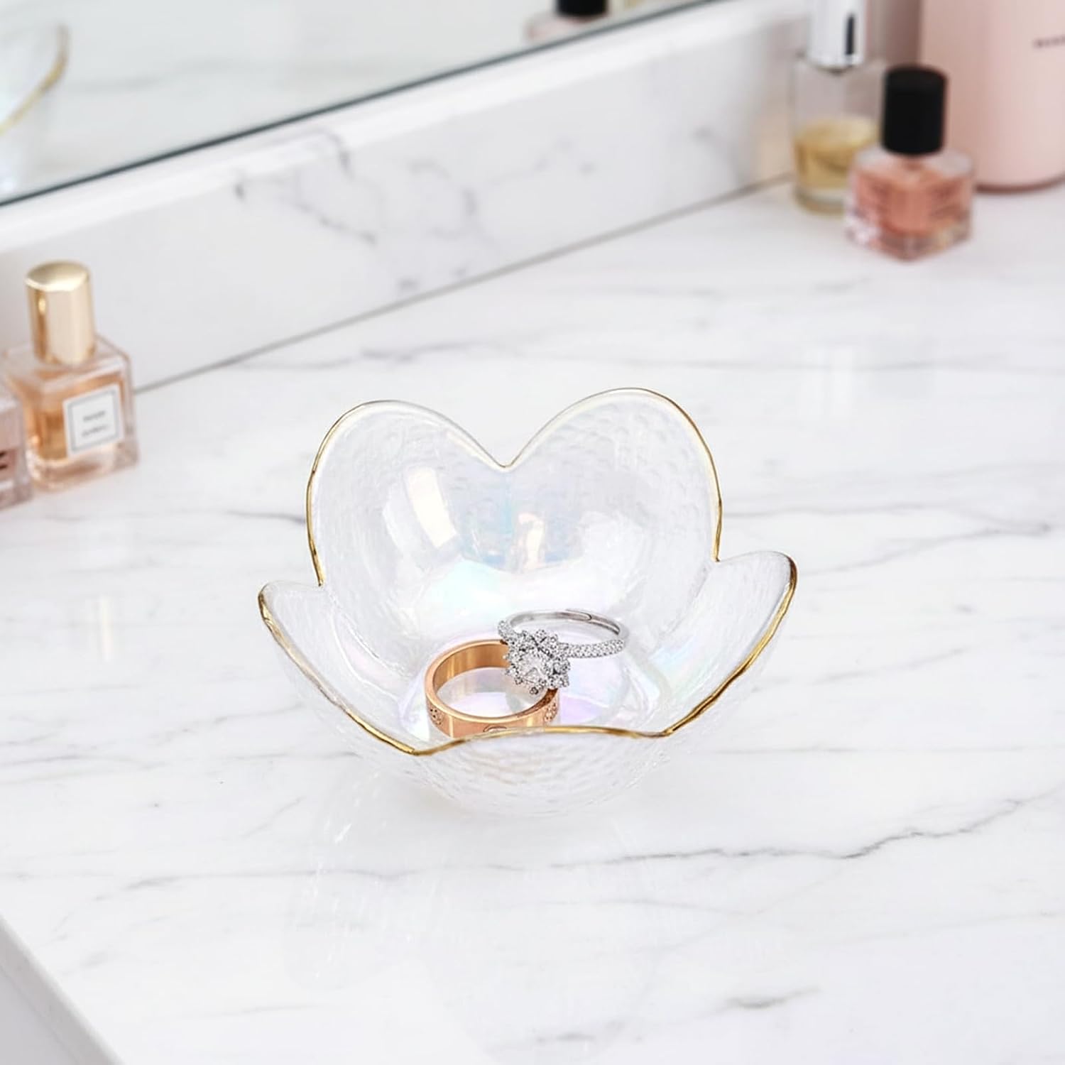 Flower Shape Ring Dish Jewelry Tray Organizer, Glass Accent Tray for Vanity, Small Decorative Trinket Dish, Crystal Pearl White