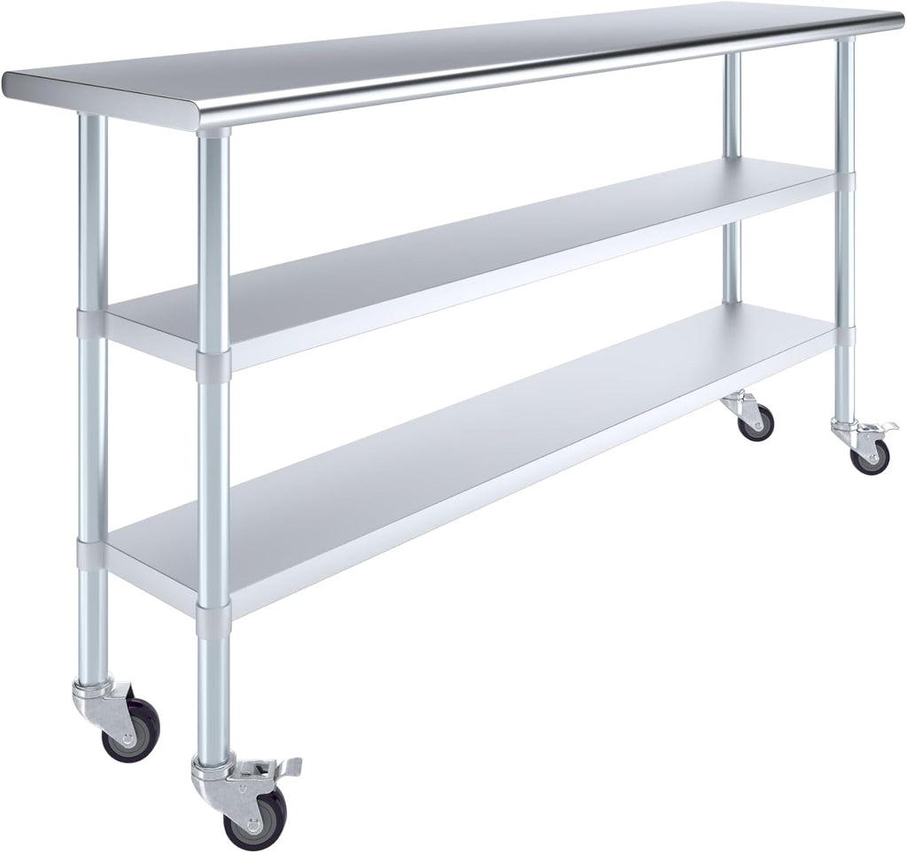 AmGood Stainless Steel Work Table with 2 Shelves and Casters | Metal Utility Table On Wheels (Stainless Steel Work Table with 2 Shelves + Casters, 72" Long x 18" Deep)