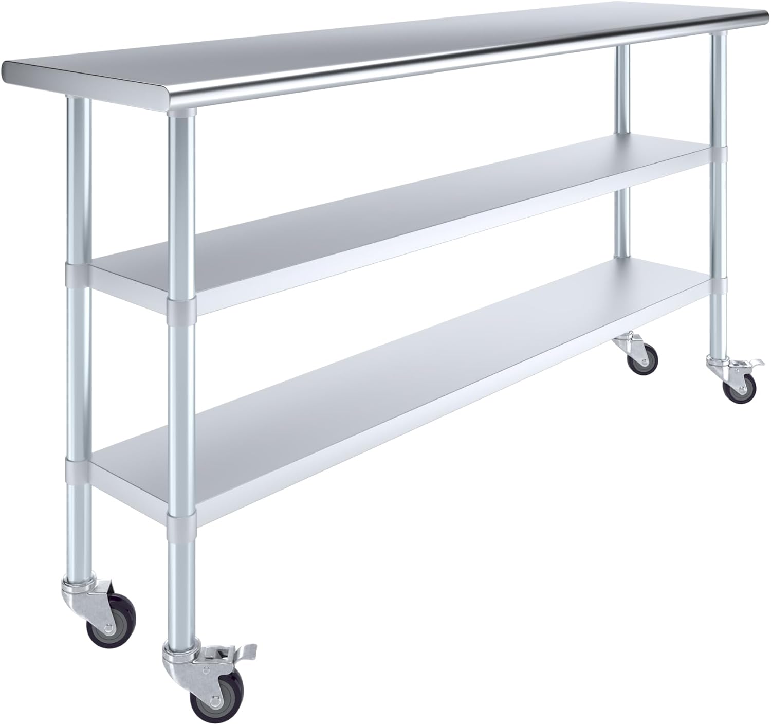 AmGood Stainless Steel Work Table with 2 Shelves and Casters | Metal Utility Table On Wheels (Stainless Steel Work Table with 2 Shelves + Casters, 72" Long x 18" Deep)