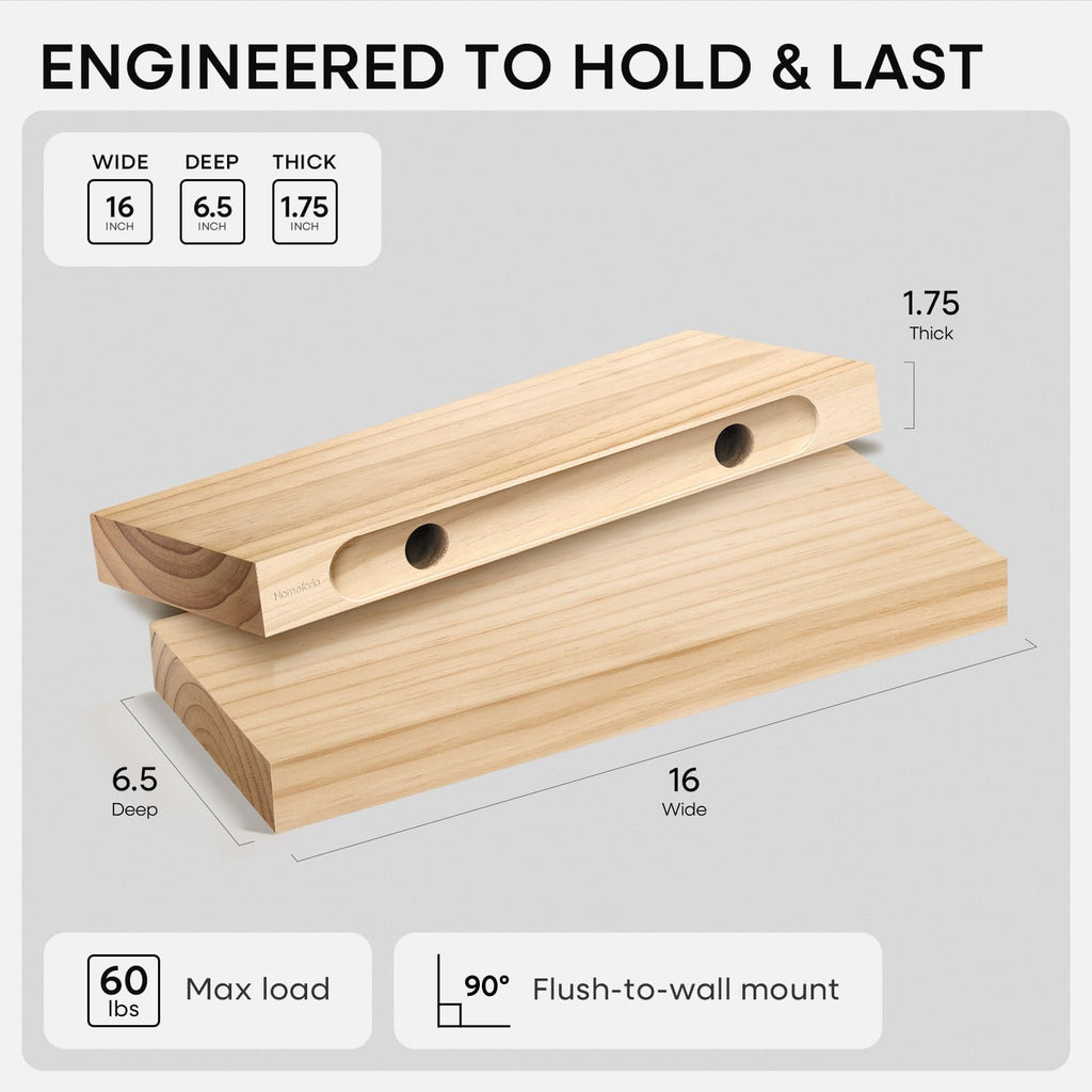 Homeforia 16 inch Natural Floating Shelf, High End Solid Real Wood 16inch Small Floating Shelves for Wall Mounted, Natural Wooden Floating Shelves, Heavy Duty Bracket, 16 X 6.5 X 1.75 in, Set of 3