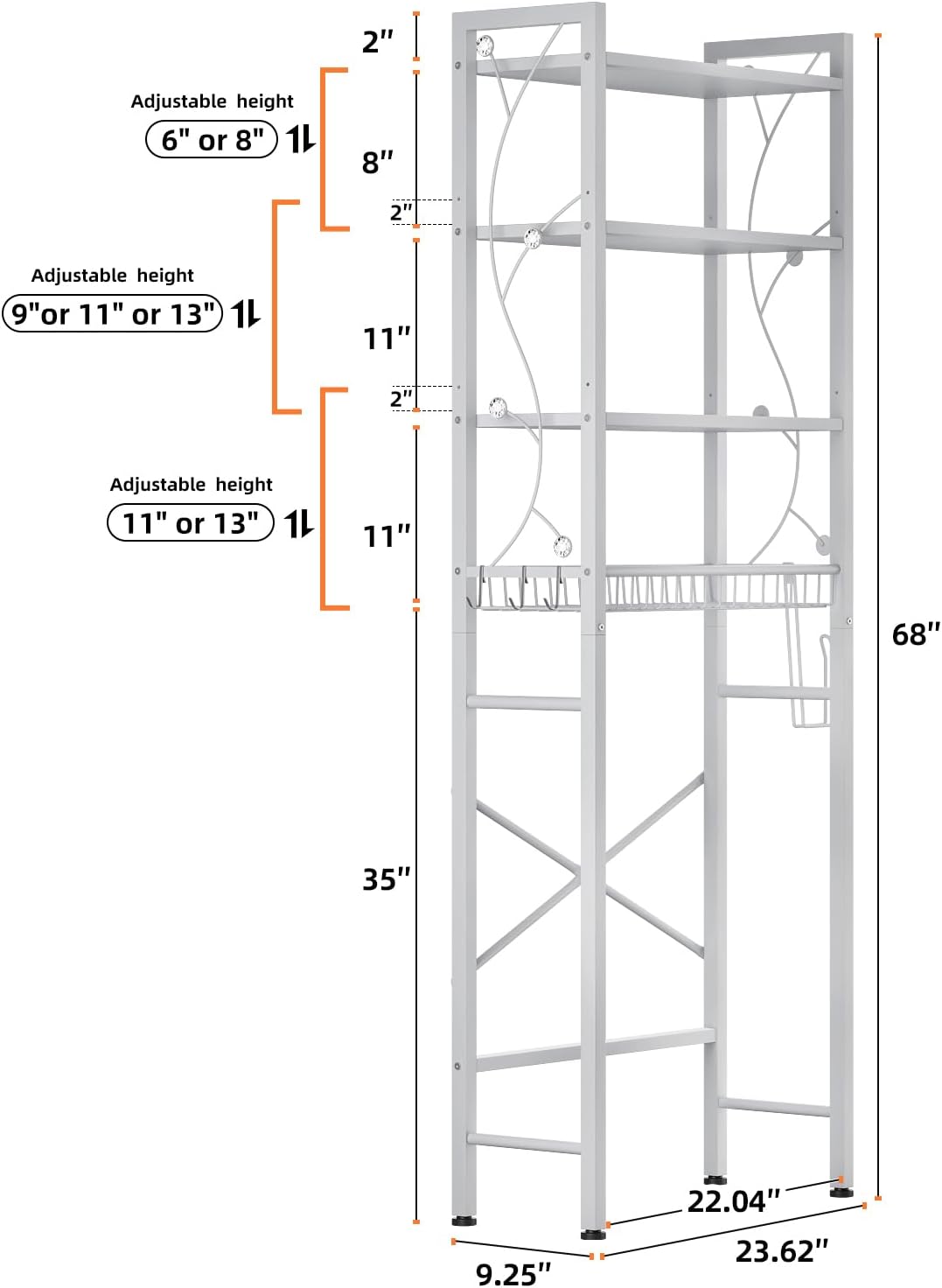 Over-The-Toilet Storage Rack, 4-Tier Bathroom Organizer Shelf Over Toilet with Adjustable Shelf and Basket, Freestanding Space Saver Bathroom Shelves Above Toilet for Room (Pure White)