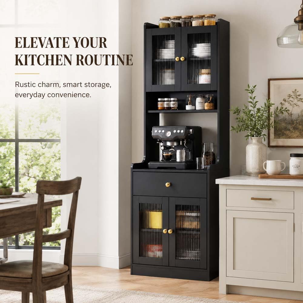 71" Kitchen Pantry Hutch Storage Cabinet with Microwave Stand, Farmhouse...