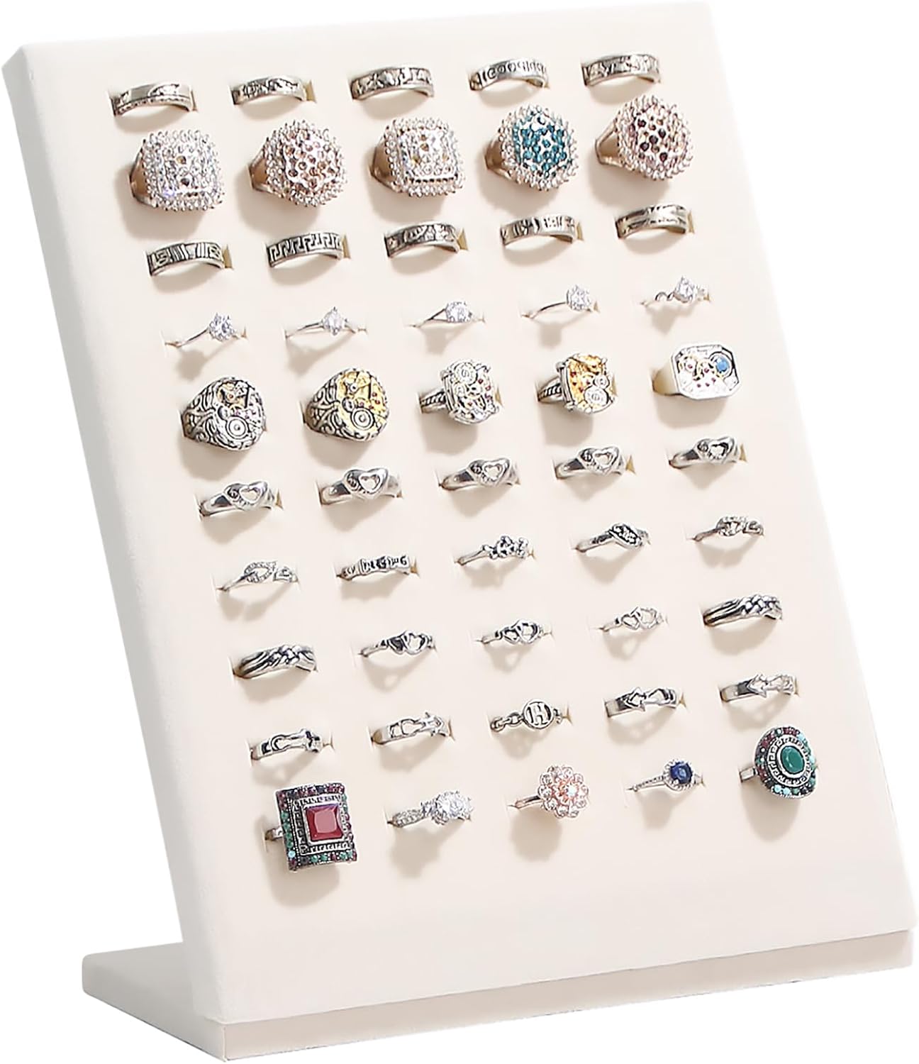 Ring Display Stand, Velvet Ring Holder, 50 Slots Rings Organizer Jewelry Display Tray, L-Shaped Jewelry Organizer Stand for Rings Earrings Selling (2, Beige)