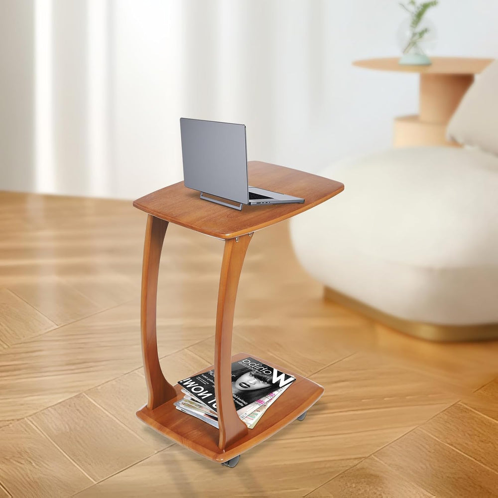 C Shaped Side Table for Couch, Solid Wood End Table with Rolling Wheels, Sofa...