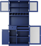 Merax Kitchen Pantry Cabinet, 74”Storage Cabinet with 2 Bottle Trays & 3 Adjustable Shelves, Kitchen Cabinets with Drawer and 7 Wine Rack, Glass Door, Tall Cabinets for Pantry, Blue