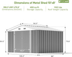 Patiowell 10 x 8 FT Outdoor Storage Shed, Large Garden Tool Metal Shed with Sloping Roof and Double Lockable Door, Outdoor Shed for Backyard Garden Patio Lawn,Grey