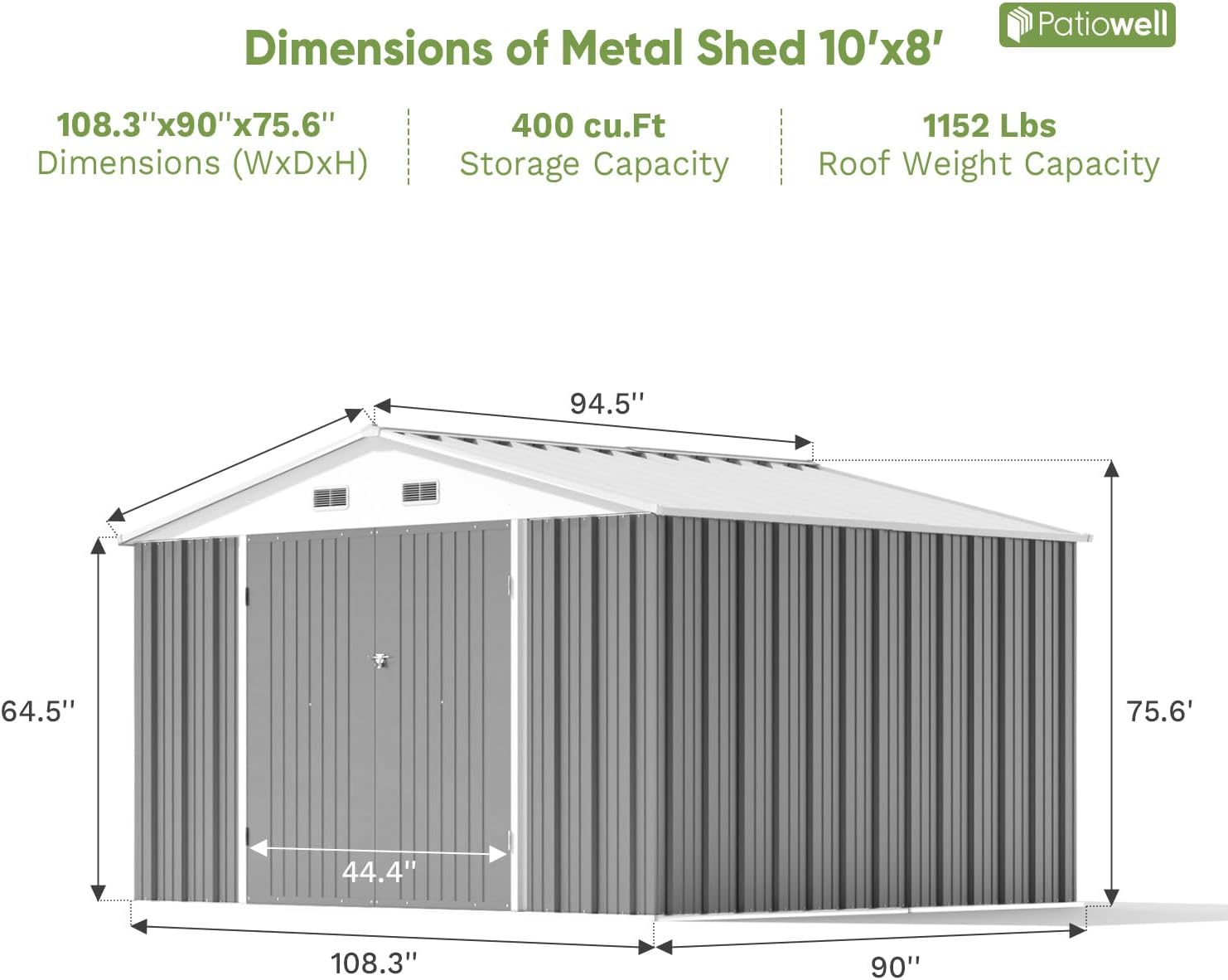 Patiowell 10 x 8 FT Outdoor Storage Shed, Large Garden Tool Metal Shed with Sloping Roof and Double Lockable Door, Outdoor Shed for Backyard Garden Patio Lawn,Grey
