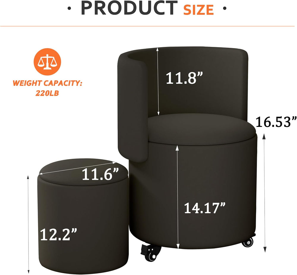 Round Vanity Chair with Storage, Rolling PU Leather Swivel Work Makeup Stool ...