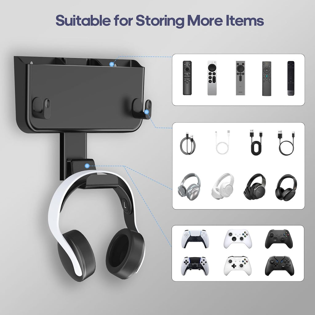 Adhesive Remote Control Holder Wall Mount with Headset Hanger, 3 in 1 Organizer TV/Fan Remote Caddy with Hook for Headphone, No Drill Controller Storage Bracket, Bed Wall Rack for Multiple Remote