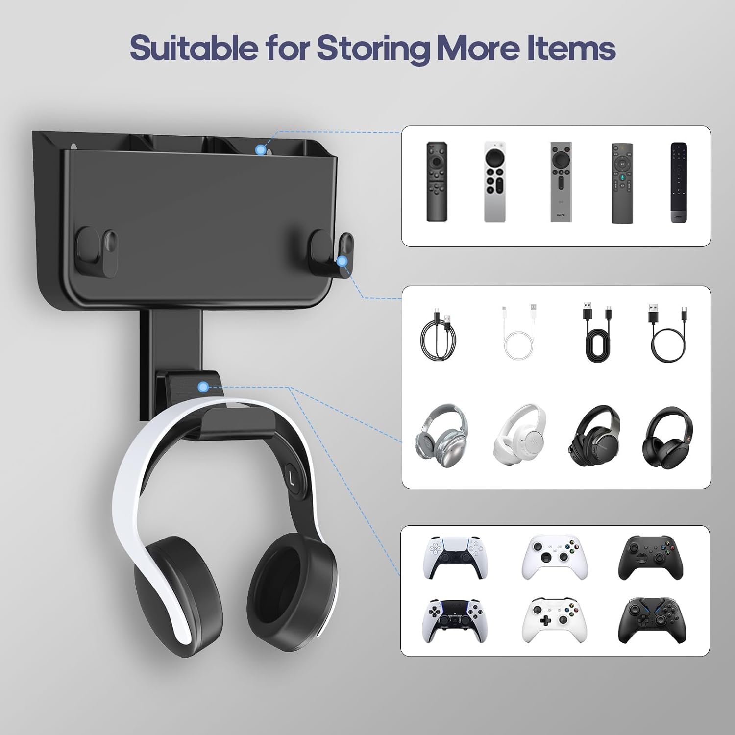 Adhesive Remote Control Holder Wall Mount with Headset Hanger, 3 in 1 Organizer TV/Fan Remote Caddy with Hook for Headphone, No Drill Controller Storage Bracket, Bed Wall Rack for Multiple Remote