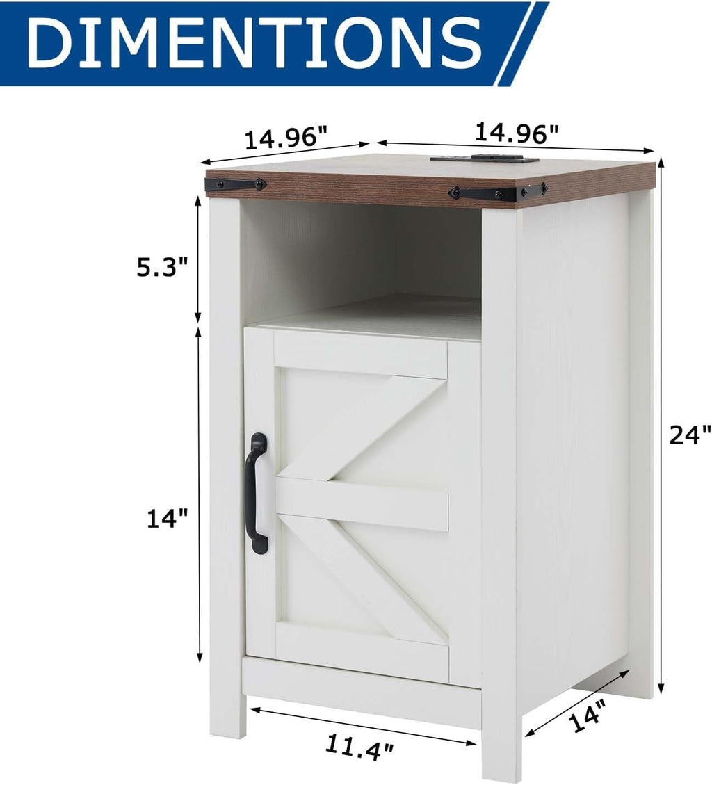 White Farmhouse Nightstand Set of 2, End Tables Set with Charging Station, Night Stand with Door and Storage Shelf, Sofa Side Table Living Room, Bedside Table for Bedroom