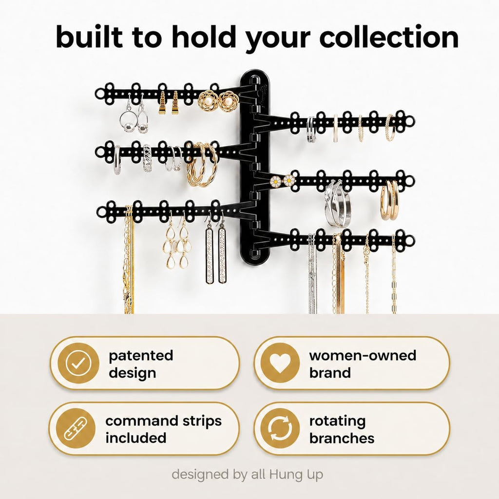 6-Tier Hanging Wall Jewelry Organizer, Earring, Necklace, Ring Holder-Black | Large Capacity with 120 Earring Holes, Rotating Branches, Includes 3M Command Strips, Bracelet, Ring & Necklace Storage
