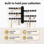 6-Tier Hanging Wall Jewelry Organizer, Earring, Necklace, Ring Holder-Black | Large Capacity with 120 Earring Holes, Rotating Branches, Includes 3M Command Strips, Bracelet, Ring & Necklace Storage