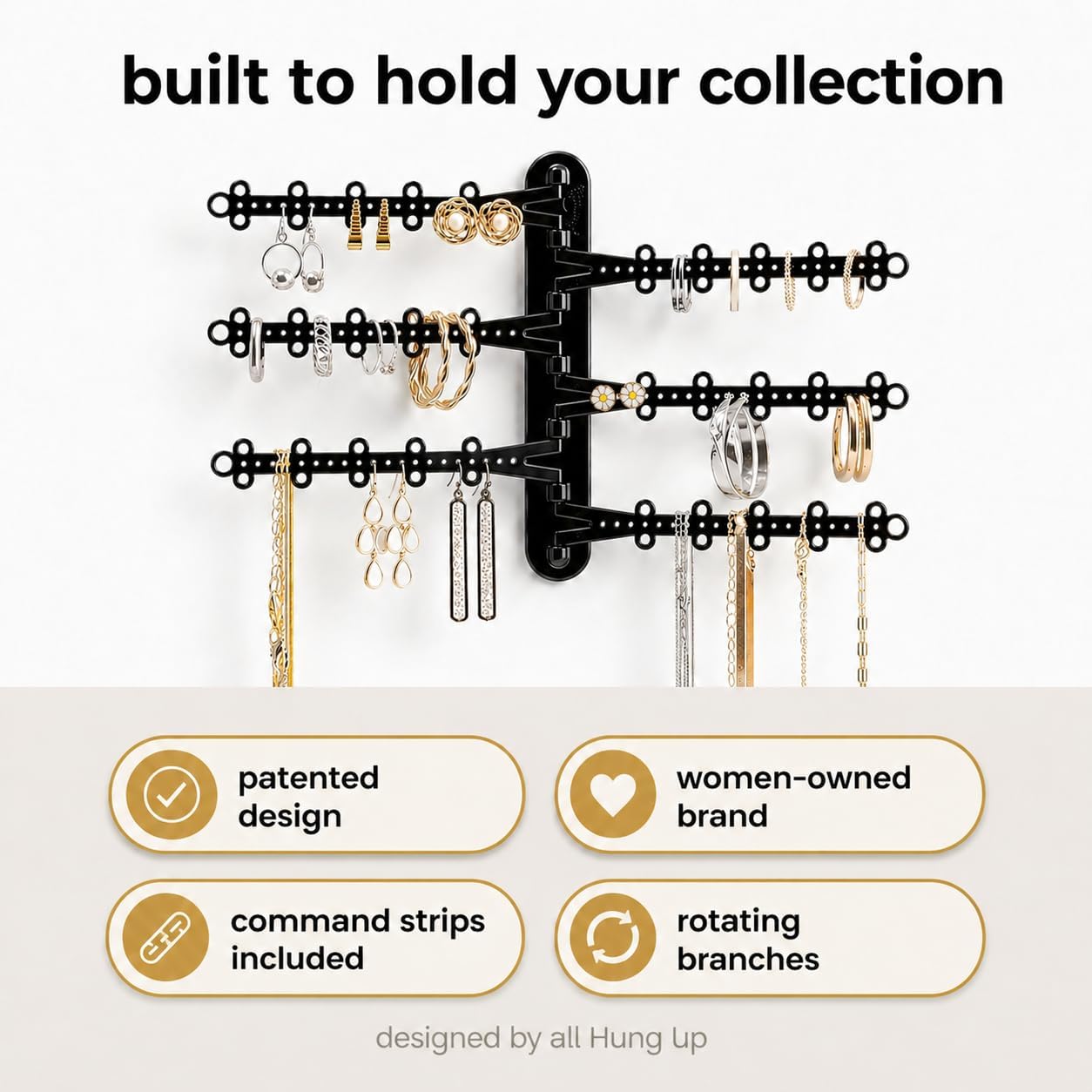 6-Tier Hanging Wall Jewelry Organizer, Earring, Necklace, Ring Holder-Black | Large Capacity with 120 Earring Holes, Rotating Branches, Includes 3M Command Strips, Bracelet, Ring & Necklace Storage