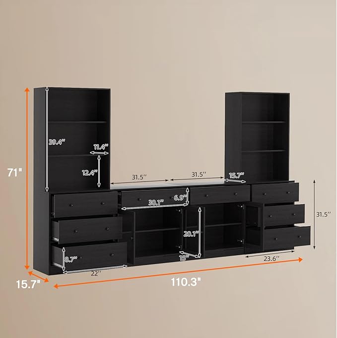 TUSY 71" Large TV Stand Set - TV Entertainment Center for TVs up to 65", Media Center with Tempered Glass Doors and Drawer, TV Hutch with Bookshelves for Living Room (Black, BFFB)