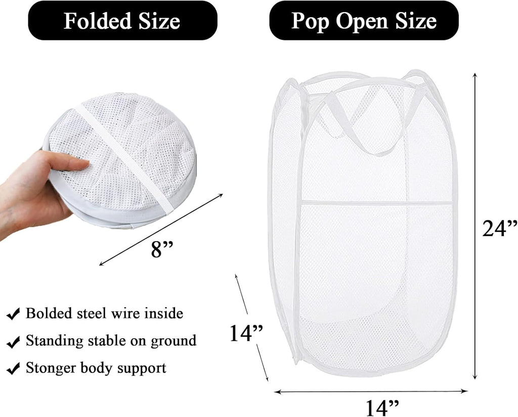Larpur Popup Laundry Basket, Mesh Clothes Hamper Portable Laundry Hamper with Reinforced Carry Handles, Collapsible for Storage (White)