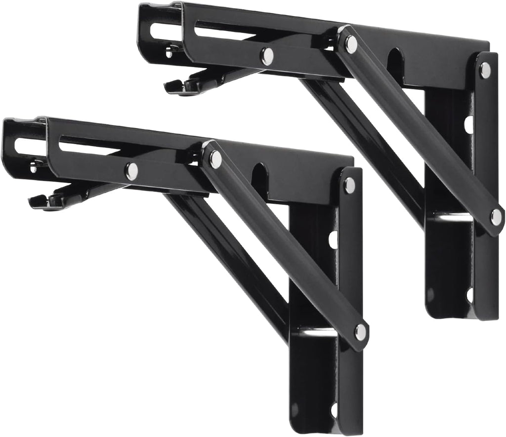 YUMORE Folding Shelf Brackets, 8 Inch Heavy Duty Collapsible Shelf Bracket, Black DIY L Bracket for Workbench Folding Table Hinge, Max Load: 300lb, 2 Pack