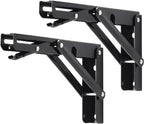 YUMORE Folding Shelf Brackets, 8 Inch Heavy Duty Collapsible Shelf Bracket, Black DIY L Bracket for Workbench Folding Table Hinge, Max Load: 300lb, 2 Pack