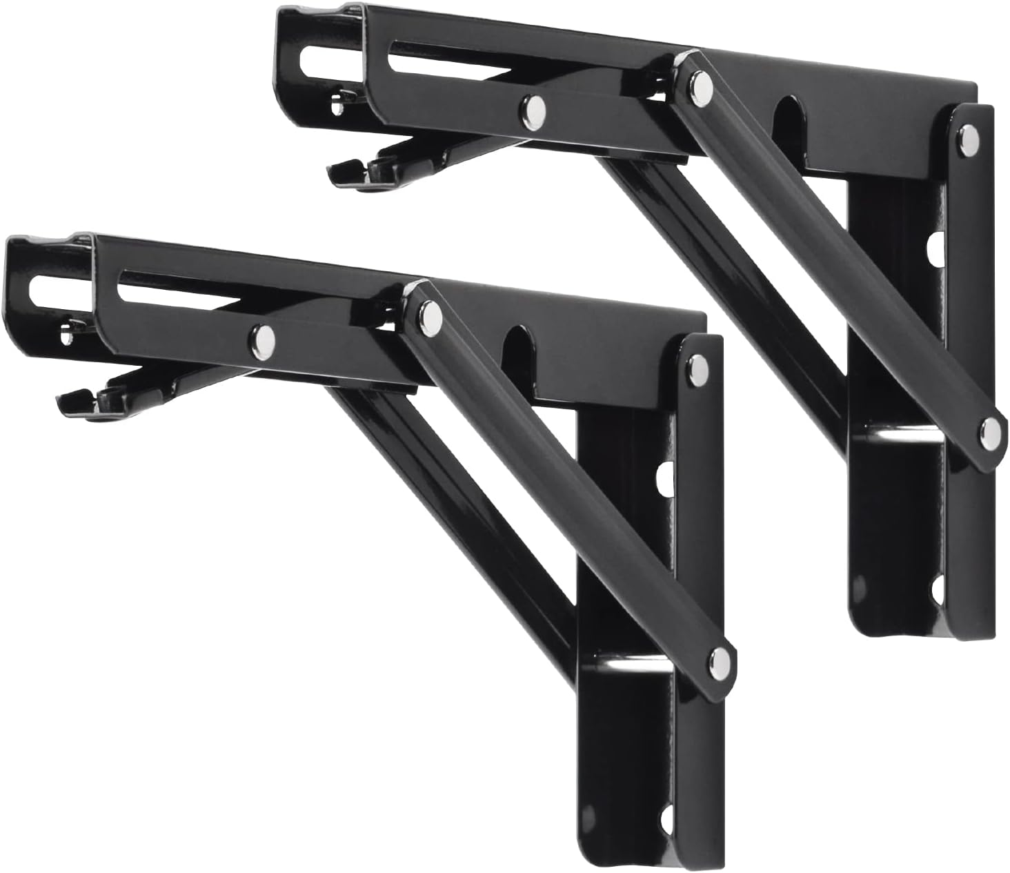 YUMORE Folding Shelf Brackets, 8 Inch Heavy Duty Collapsible Shelf Bracket, Black DIY L Bracket for Workbench Folding Table Hinge, Max Load: 300lb, 2 Pack