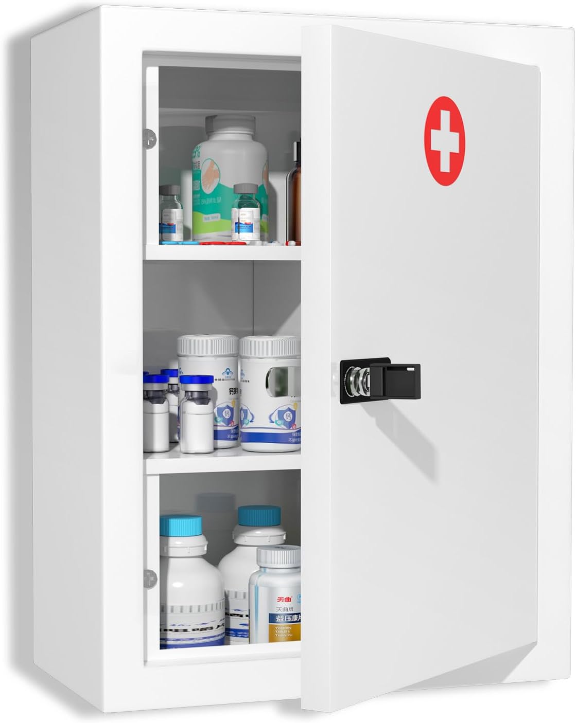 Wall-Mount Locking Medicine Cabinet: Large Metal Storage Organizer Box with Combination & Key Lock - First Aid Medicine Cabinet 3-Compartment Design for Bathroom Home (15.75" H x 11.82" W x 4.72" D)
