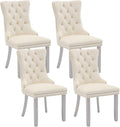 Velvet Dining Chairs Set of 4, Kitchen & Dining Room Chairs, Upholstered Dining Chairs with Back Ring Pull and Silver Solid Wood Legs, Modern Tufted Kitchen Chairs for Dining Room, Cream