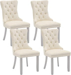 Velvet Dining Chairs Set of 4, Kitchen & Dining Room Chairs, Upholstered Dining Chairs with Back Ring Pull and Silver Solid Wood Legs, Modern Tufted Kitchen Chairs for Dining Room, Cream