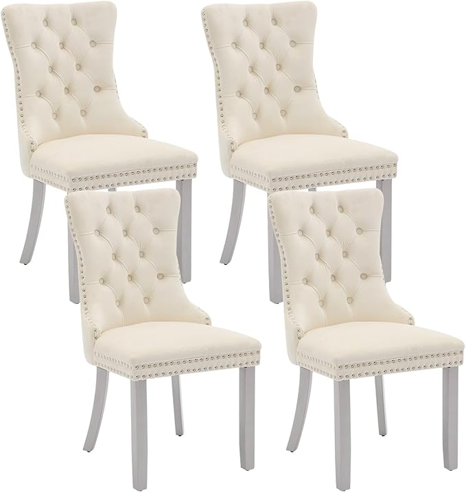 Velvet Dining Chairs Set of 4, Kitchen & Dining Room Chairs, Upholstered Dining Chairs with Back Ring Pull and Silver Solid Wood Legs, Modern Tufted Kitchen Chairs for Dining Room, Cream