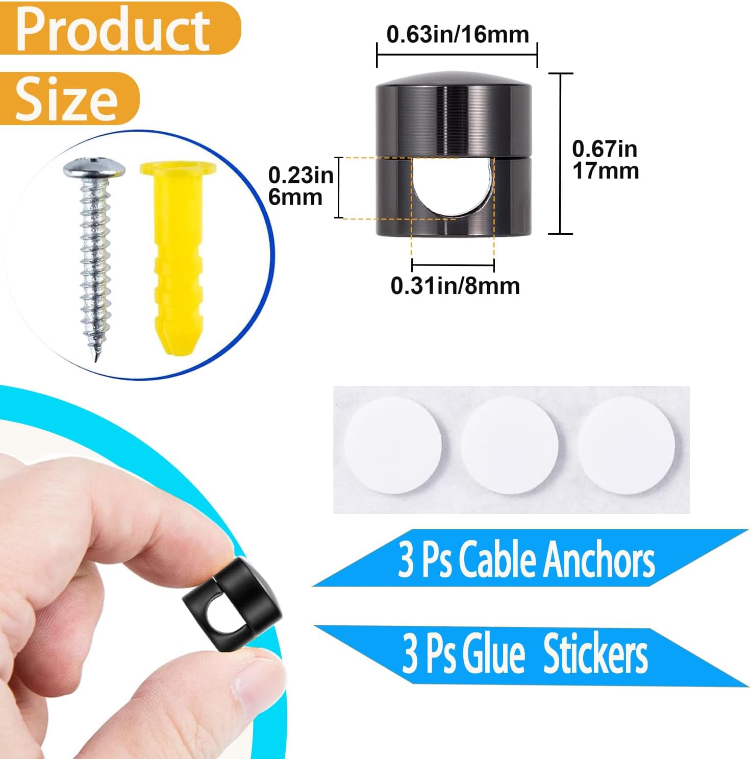 6 Sets Charger Cord Holder, Glossy Black Metal Adhesive Cable Management Clips,Adjustable Cable Anchor Holders,Wire Organizer for Desk, Wall, Home, Office