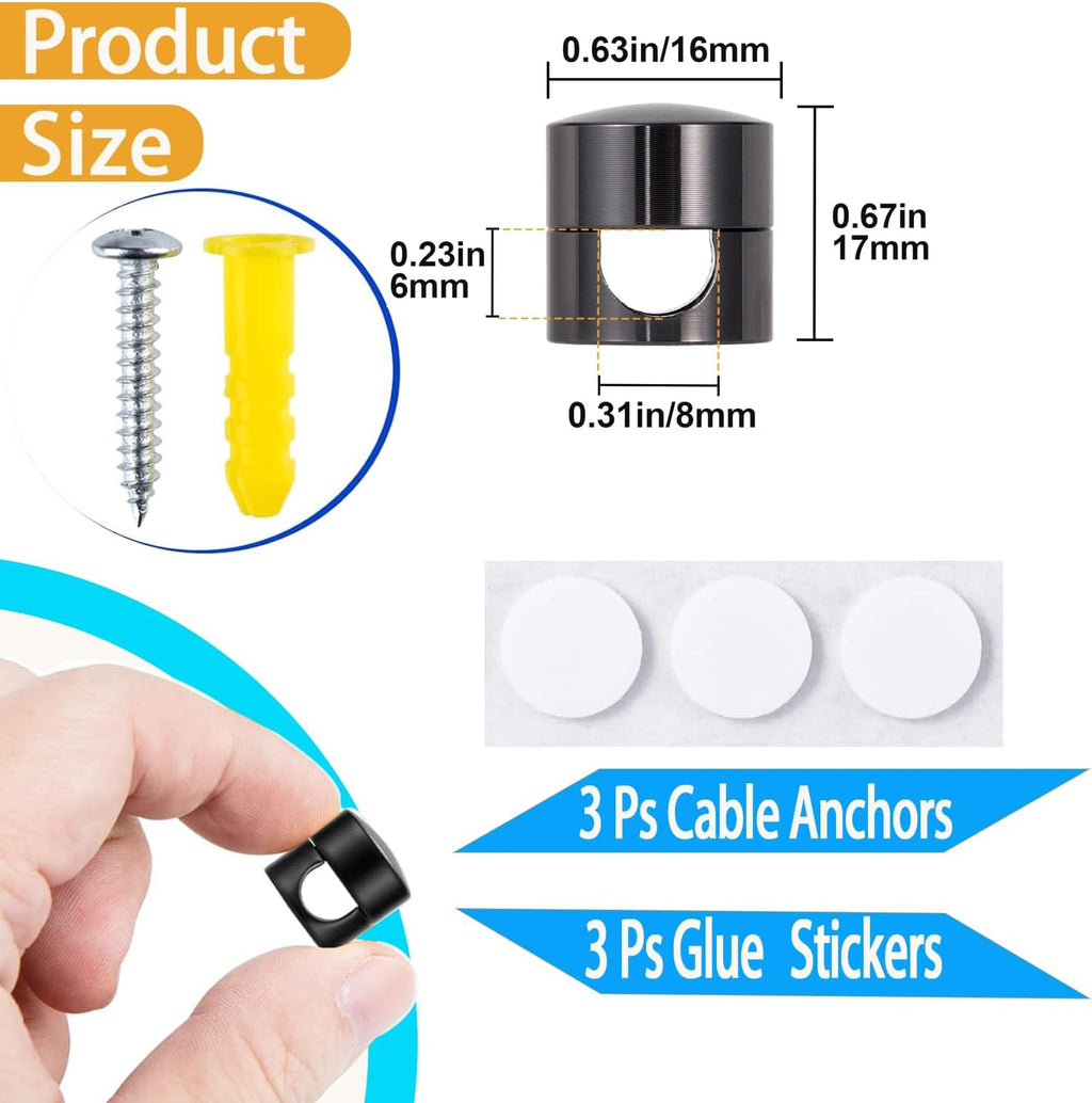 3 Sets Charger Cord Holder, Glossy Black Metal Adhesive Cable Management Clips,Adjustable Cable Anchor Holders,Wire Organizer for Desk, Wall, Home, Office